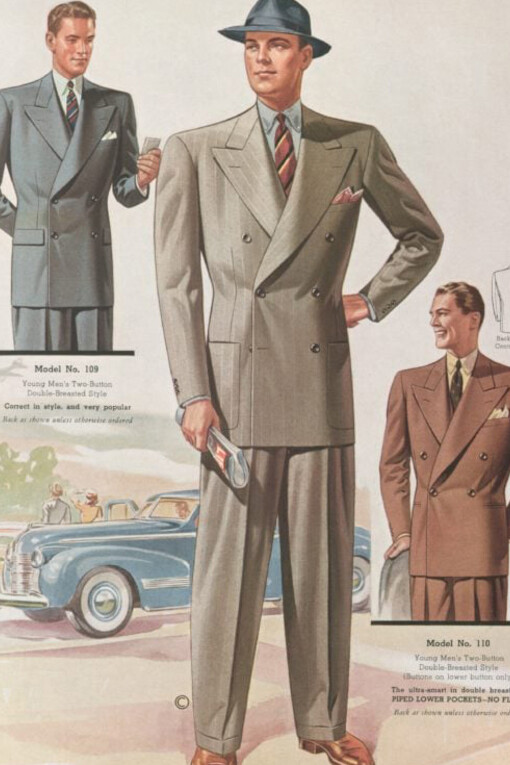 A classic 1940s men’s topcoat with a three-button double-breasted belted raglan design, split sleeves, cuffs, and slash pockets, embodying timeless elegance from the era