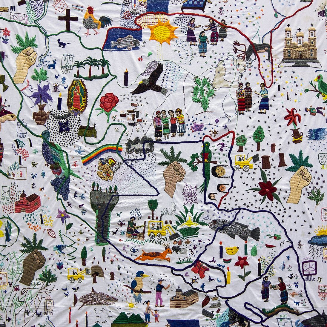 Nkijak b’ey Pa jun utz laj K’aslemal / Opening Paths to Social Justice, 2012-2015
Embroidery on fabric previously imbued with blood from the body of a woman assassinated in Guatemala City. Created with the participation of Mayan women members of the Asociación de Desarrollo de la Mujer K’ak’a Na’ (ADEMKAN) in Santa Catarina Palopo: Bonifacia Cocom, Lucy L.pez, Yuri L.pez, Silvia Menchú, Claudia Nimacachi, Lucrecia Puac, Estela Tax, and Josefina Tuy, 78 ¾ x 78 ¾ inches