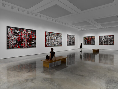 Gilbert & George, Scapegoating Pictures for London, White Cube Bermondsey, 18 July - 28 September 2014, © Gilbert & George. Photo: Jack Hems. Courtesy White Cube
