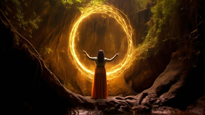 In this captivating image, a woman stands with open hands, framed by a mesmerizing circle of flames