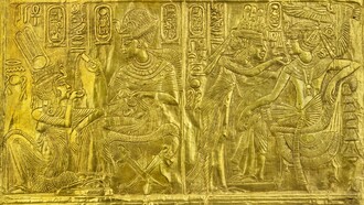 Fragment of the gilded wooden shrine with scenes of Tutankhamun and Ankhesenamun