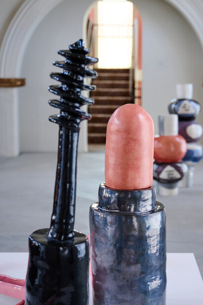 Annie Duncan, Lipstick, 2022. Ceramic sculpture, 10.5 x 10.5 x 29 inches; Mascara (2023), Ceramic sculpture, 6 x 6 x 37. Photo courtesy of Saint Joseph's Art Society. Courtesy of Johansson Projects
