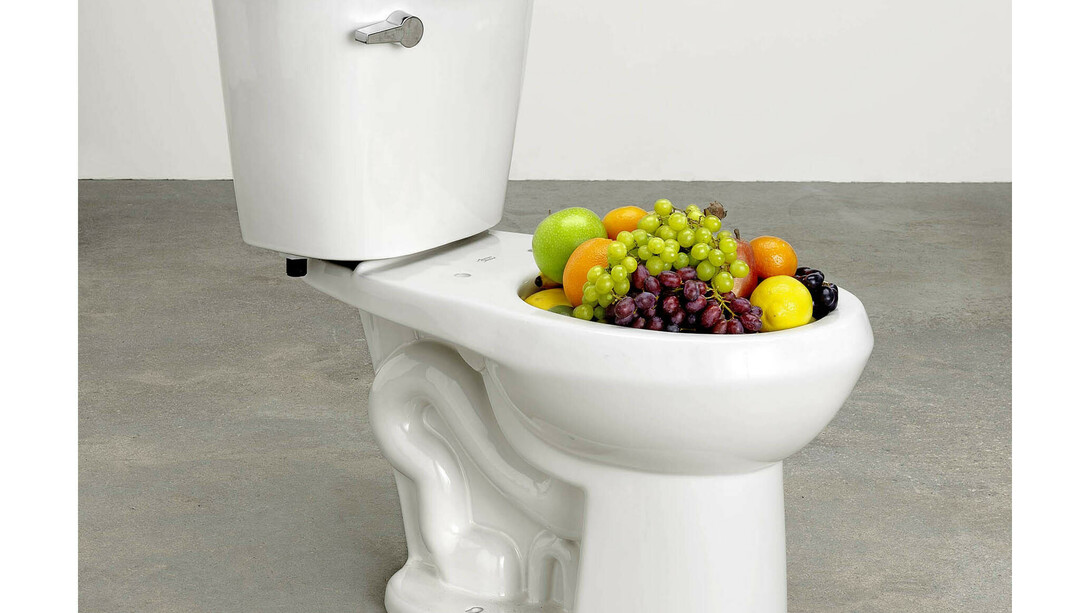 Urs Fischer, TBD toilet,
2015,
porcelain toilet, polystyrene, fruit,
76.8 x 44.5 x 70.5 cm / 30 ¼ x 17 ½ x 27 ¾ in,
edition 1 of 2 + a/p, Copyright the artist, courtesy Sadie Coles, HQ, London