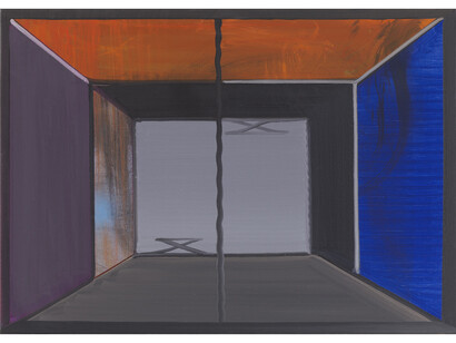 Thomas Scheibitz, Studio Paris, 2014, oil,vinyl, spray paint on canvas, 19 3/4 x 27 1/2 inches; 50 x 70 cm. Courtesy the artist and Tanya Bonakdar Gallery, New York