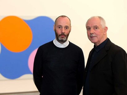 Hugh Mullholland, MAC Curator pictured with one of Ireland’s leading abstract painters, Richard Gorman, at the launch of his exhibition of new paintings at the MAC
