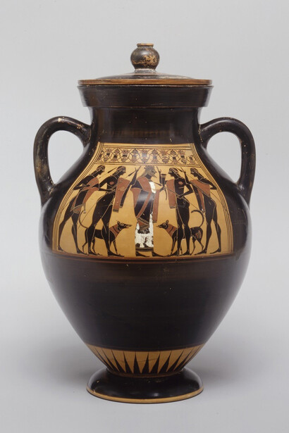 Greek, made in Attica
Attributed to the Amasis Painter
Black-Figure Storage Jar (Amphora) Honoring Dionysos
550–540 BC
Terracotta with added color
H. (with lid) 14 5/16 in. (36.3 cm)
Sidney and Lois Eskenazi Museum of Art, Gift of Mrs. Nicholas H. Noyes