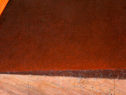 The Mastaba (Project 2012 for Abu Dhabi, United Arab Emirates) 
Pencil, charcoal, wax crayon, pastel, map, hand-drawn technical data, enamel paint and tape 
144.6 x 244 cm, 56.93 x 96.06 inches 
Courtesy of Galerie Gmurzynska 
© CHRISTO . Detail
