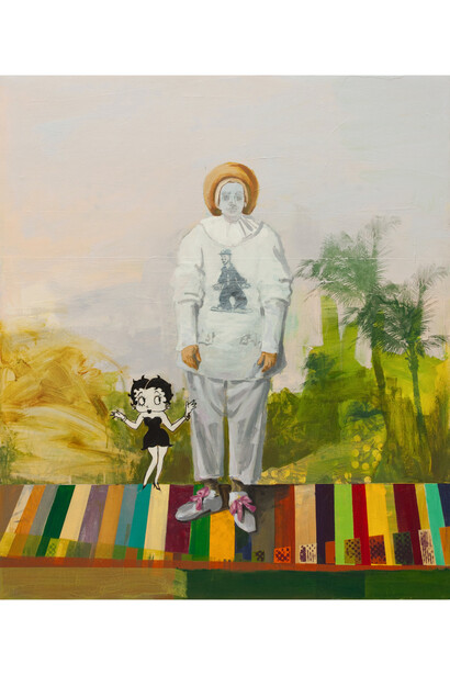 Sheldon Greenberg, Clowns To The Left Of Me, Jokers To The Right, 2023, acrylic and screen print on panel, 56x48 inches. Courtesy of the artist and Modernism Inc.
