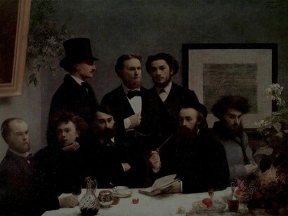 «Un rincón de la mesa» (1872), de Henri Fantin-Latour: a la izquierda aparecen sentados Verlaine (casi calvo) y Rimbaud (con el cabello revuelto)