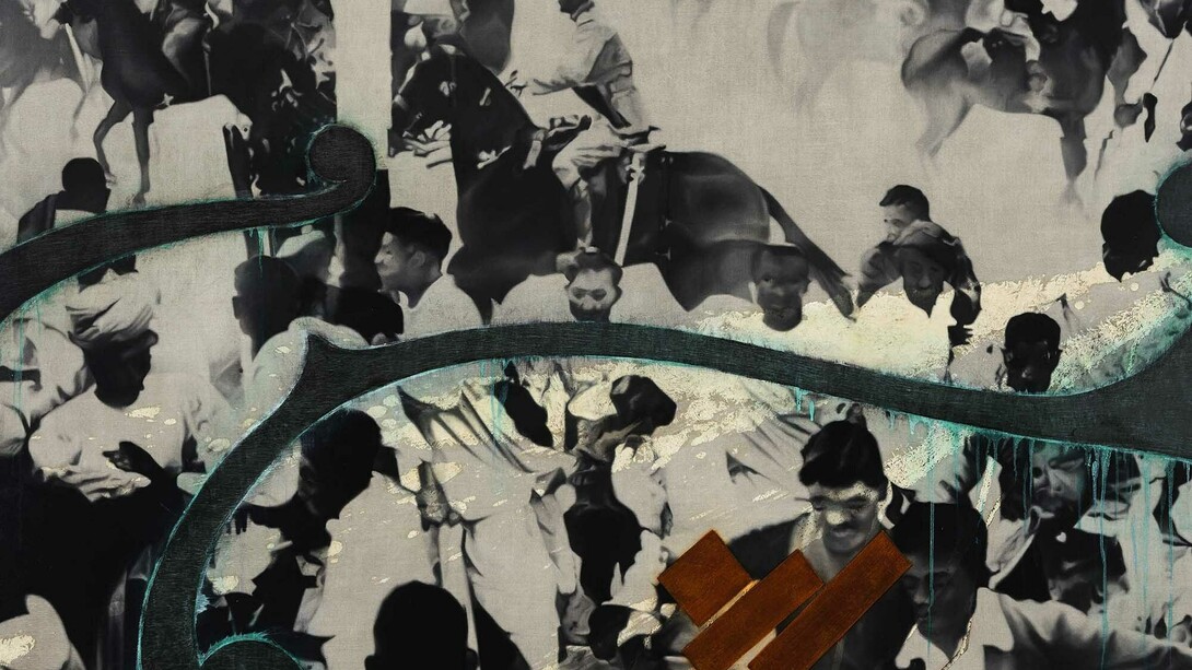 Atul Dodiya, ‘Police Riders, Bombay, April 1930’, 2014, Oil on canvas, 137,2 x 198,1 cm / 54 x 78 in, Courtesy of the artist and Galerie Daniel Templon, Paris & Brussels