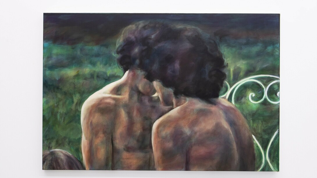 Iva Lulashi, E ferro e fiatio, 2023 oil on canvas. 31,5H x 47w in 80hx120w cm. Courtesy of the artist, Alberta Pane Gallery and Prometeo Gallery