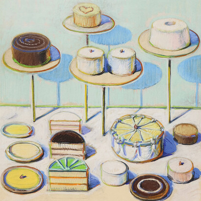 Cakes No. 1, 1967, pastel and graphite. Private collection, courtesy of Guggenheim, Asher Associates. © Wayne Thiebaud/Licensed by VAGA, New York, NY