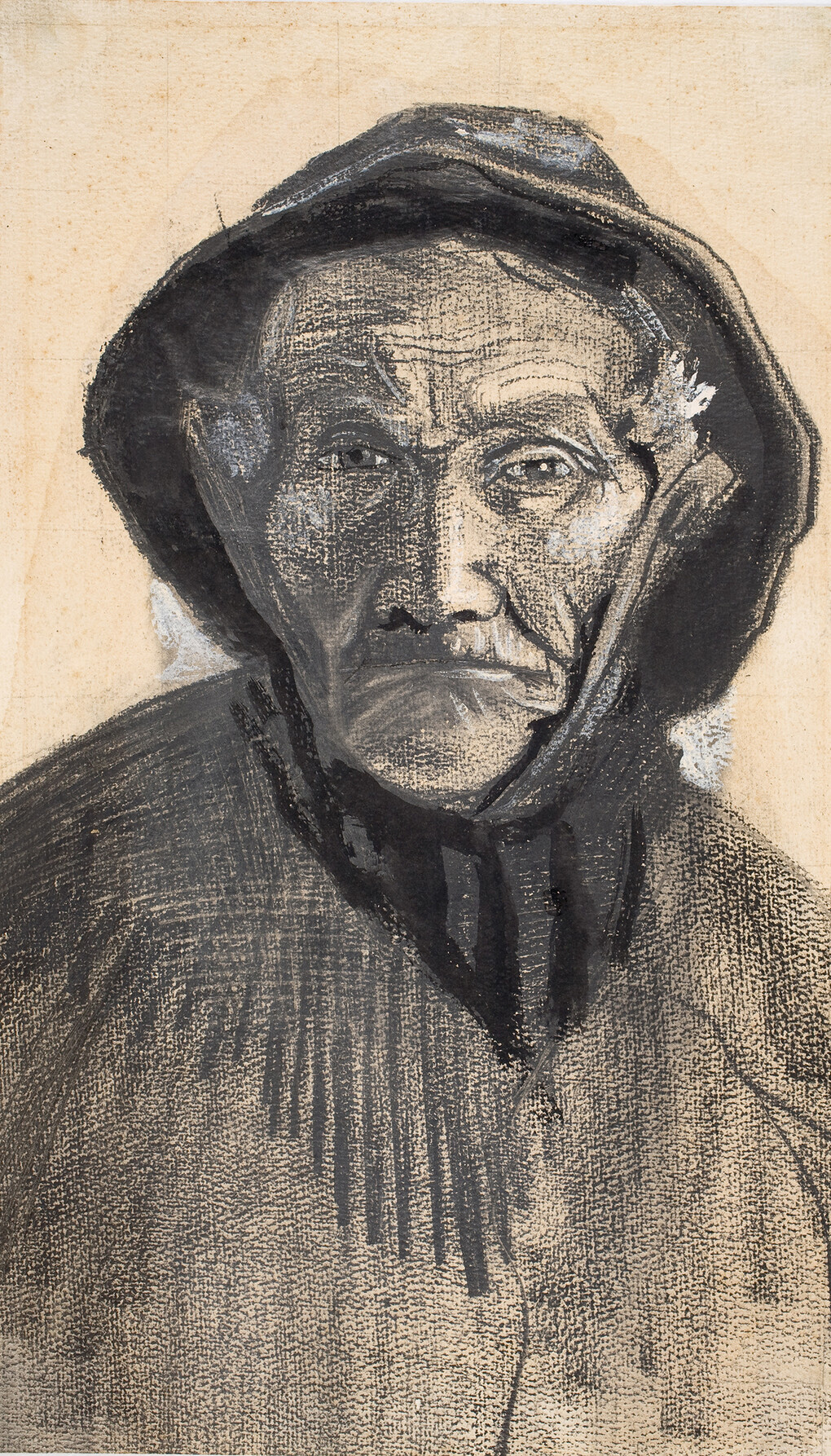 Vincent van Gogh, Testa di pescatore con cappello di tela cerata, Matita, gessetto litografico nero, pennello, inchiostro, nero, acquerelli bianco, grigio e rosa, decolorante fissativo attorno al disegno della testa e tracce di quadrettatura su carta per acquerello, cm 42,9 x 25,1, 1883 Kröller-Müller Museum, Otterlo © Kröller-Müller Museum, Otterlo