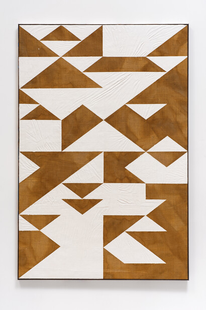 Mark Hagen, Dilutants and Mannerists, 2014, Acrylic through burlap, titanium frame anodized with Diet Coke, 72 3/4 x 48 3/4 x 2 inches (framed), © Mark Hagen - Photographer unknown, all rights reserved, Courtesy of the Artist and Almine Rech Gallery
