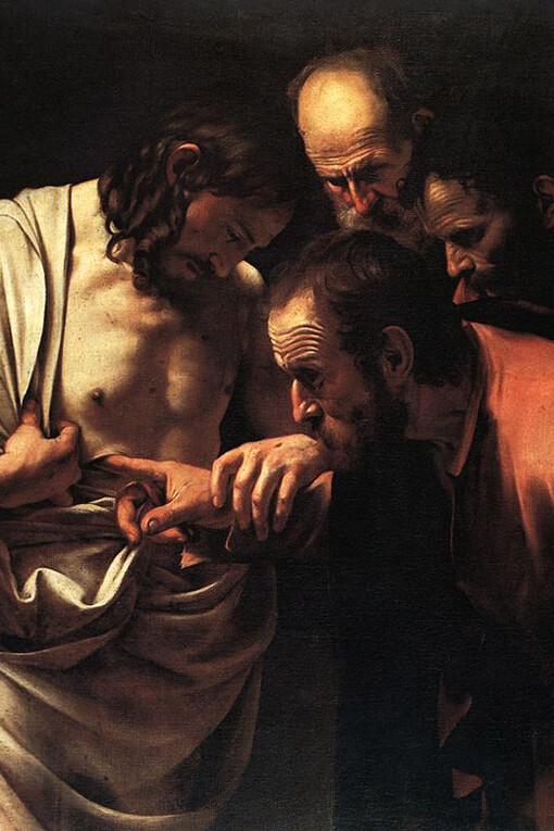 Caravaggio, Incredulità di San Tommaso, 1600-1601, olio su tela, 107 x 146 cm, Bildergalerie, Postdam-Sanssouci, particolare