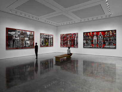 Gilbert & George, Scapegoating Pictures for London, White Cube Bermondsey, 18 July - 28 September 2014, © Gilbert & George. Photo: Jack Hems. Courtesy White Cube