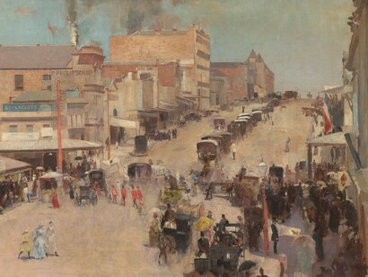 Allegro con brio, Bourke Street West
Tom Roberts, about 1885-6, reworked 1890, Oil on canvas mounted on composition board 51.2 × 76.7 cm. National Gallery of Australia, Canberra and the National Library of Australia, Canberra Purchased 1920 by the Parliamentary Library Committee