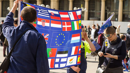 Pro-European participants attending the Pulse of Europe rally in Cologne, Germany, 2017