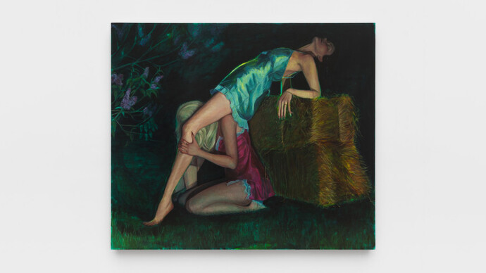 Samantha Joy Groff, Two will be in the field; one will be taken and the other left, 2023, acrylic and oil on canvas, 76h x 88.50w in (193h x 225w cm). Courtesy of Nicodim Gallery, New York