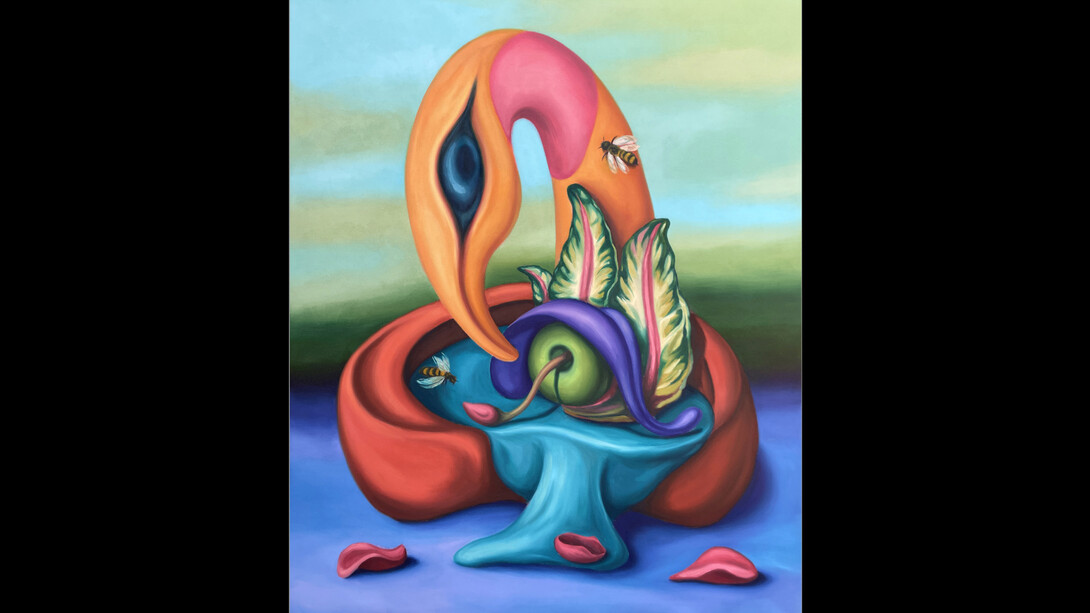 Kora Moya Rojo, Tu Perfume Rosa, Ave Suntuosa, 2022, oil and acrylic on canvas, 120x100 cm