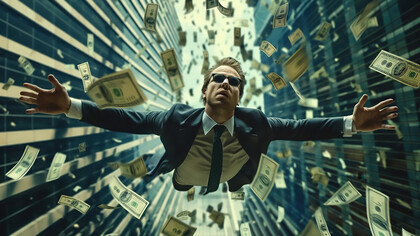 A man falling from above surrounded by money
