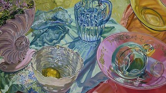 Janet Fish, Green Cloth, Pink Cloth, 2007, Oil on canvas, 44 x 75 inches