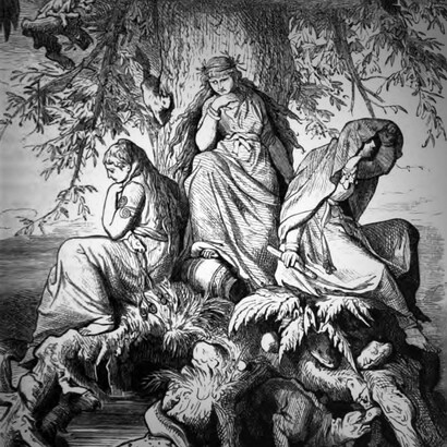 Las Nornas Urd, Werdanda, Skuld, bajo el Yggdrasil Mundial, ilustración de Ludwig Bürger publicada en Dioses y héroes nórdico-germánicos (Wilhelm Wägner, 1882)