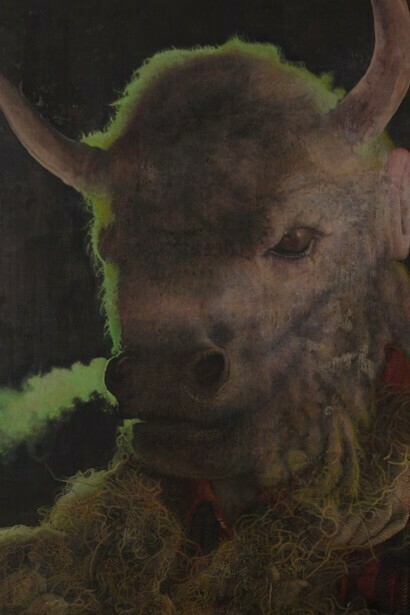 Oscar Giaconia, Bhulk (The Bulldose), 2020, acrylic, oxides, ox gall, taurocolla, fish jelly, meat broth, agar, rennet and liquid coagulant on cellulosic fiber in polyzene and silicone case, 100 x 70 cm, ph. Roberto Ferro. Courtesy the artist and Monitor Rome, Lisbon, Pereto