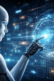 Futuristic humanoid AI analyzing complex data patterns, symbolizing the performative nature of machine intelligence