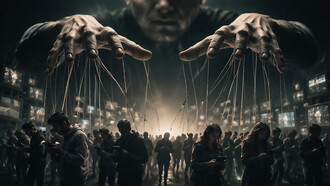 A silent architecture of control where unseen hands guide perception, and the crowd moves without ever realizing who is pulling the strings