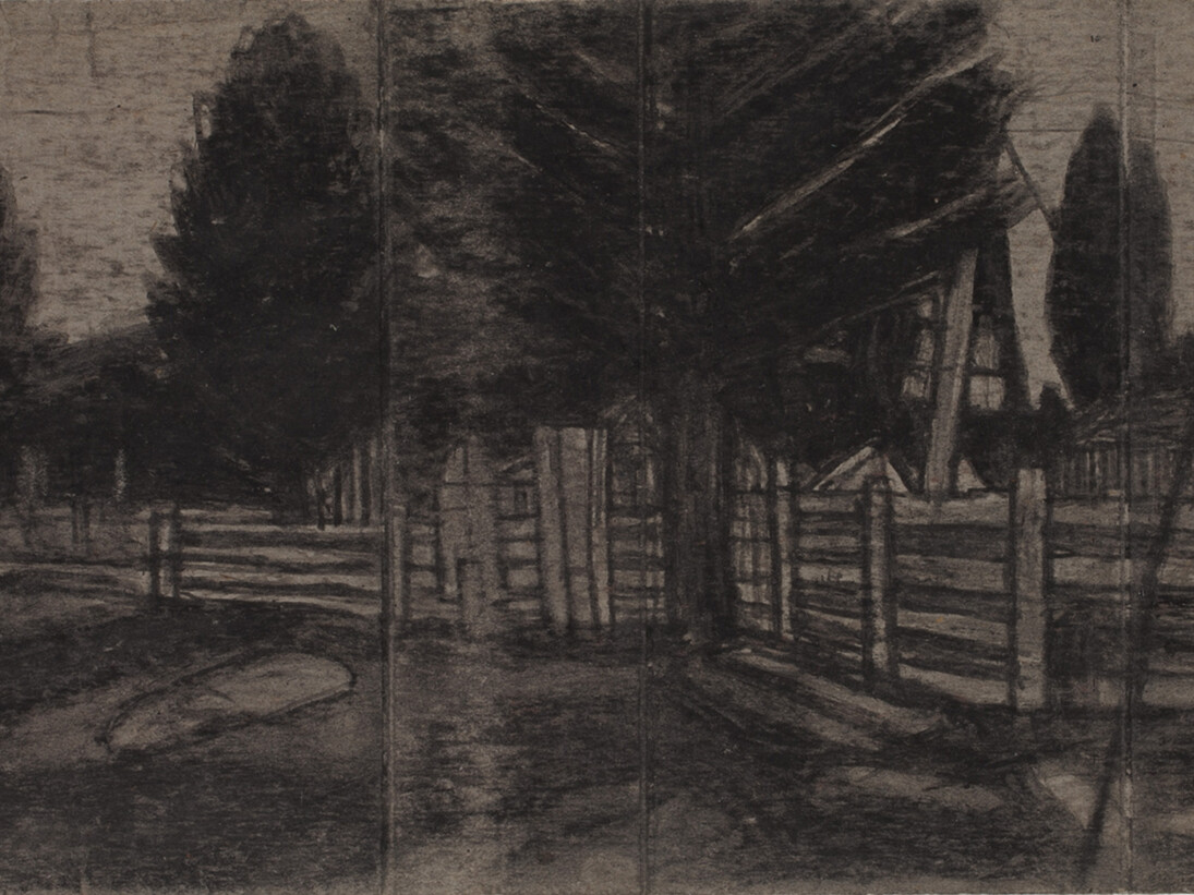 James Castle, Untitled (Farmscape with Fence) n.d. Found paper, soot, 12.7 x 22.2 cm, Courtesy of the James Castle Collection and Archive and Frith Street Gallery, London 

