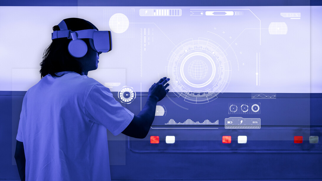 A man wearing a VR headset interacts with a holographic screen, demonstrating AI automation, advanced workflows, and digital transformation