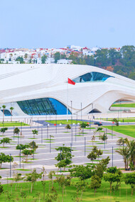 The Grand Theatre of Rabat set within expansive green spaces, reflecting Morocco’s commitment to creativity and sustainability