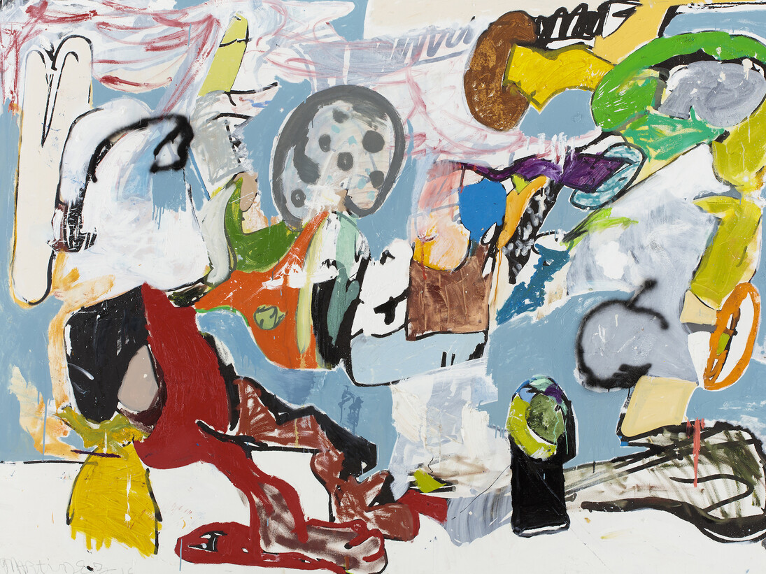 Eddie Martinez, Beach Young, 2016, Silkscreen ink, oil paint, spray paint, enamel and graphite on canvas 182.9 x 274.3 cm. © Eddie Martinez
Courtesy Timothy Taylor
