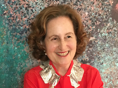 Cynthia Polsky standing in front of 1939 Green Surrender, Pearl Lam Galleries