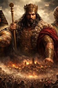 A composite vision of power, wealth, and ideological domination—three ancient archetypes of tyranny standing above a world shaped by fear, spectacle, and human suffering