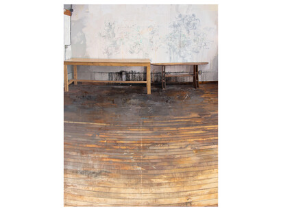 Brett Eberhardt, Two Tables, 2016-'17, signed on verso, oil on panel, 98 x 75 inches. Courtesy of the artist and Kenise Barnes Fine Art