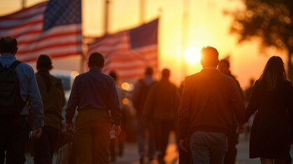Citizens moving forward beneath American flags, symbolizing a collective journey toward a brighter future