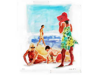 Eric Fischl,
Two Women and a Boy, 2017,
Sublimation on Mylar with pins and digital pigment print on paper, mounted on acid-free board,
73.50 x 57.50 x 3 in.