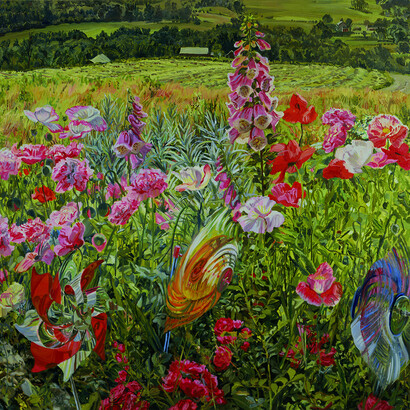 Janet Fish. Pinwheels and Poppies, 1990. Oil on canvas, 64 x 70 inches