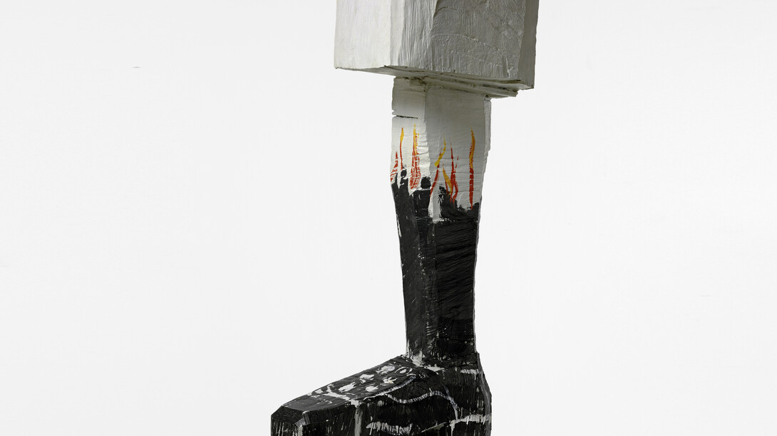 Georg Baselitz, Römischer Gruß (Roman Salute), 2004, Patinated bronze and oil paint, 52 3/16 x 14 9/16 x 27 9/16 inches, 132.5 x 37 x 70 cm, Edition 4/6 (6 + 1AP) © Georg Baselitz. Photo:Jochen Littkemann, Berlin. Courtesy Gagosian Gallery.