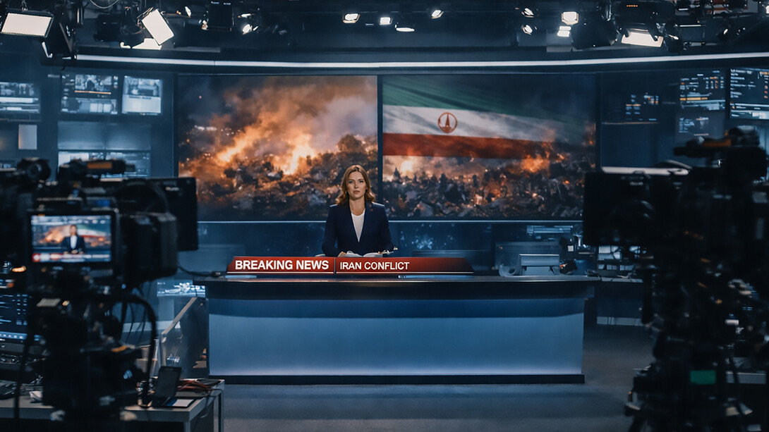 A wide view of a live newsroom captures the production of breaking news, where media, technology, and real-time imagery shape how conflict is communicated and understood