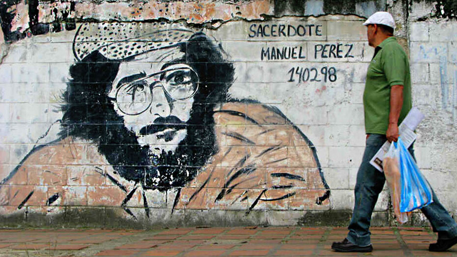 Grafiti con un dibujo de Manuel Pérez Martínez, el "cura Pérez, líder del ELN hasta su muerte en 1998