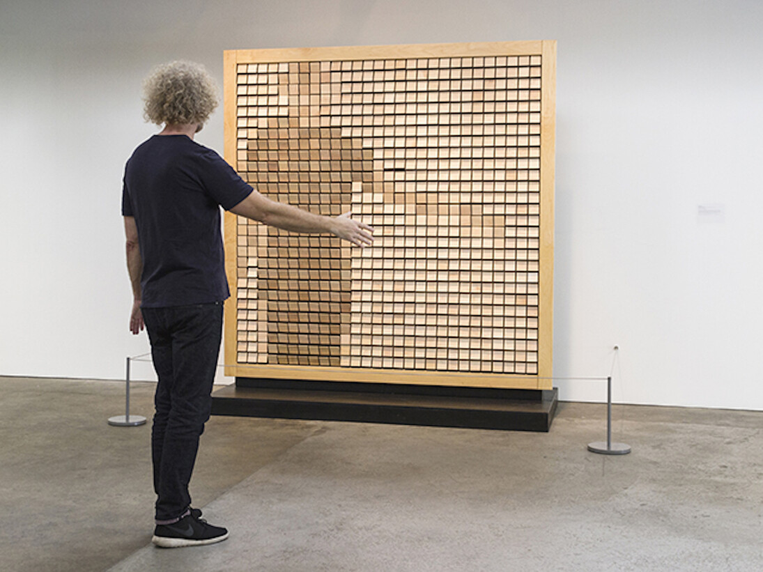 Daniel Rozin, Wooden Mirror, 2014, Wood, motors, video camera, custom software, microcontroller, 6 x 6 ft / 1.8 x 1.8 m. Courtesy bitforms gallery, New York​