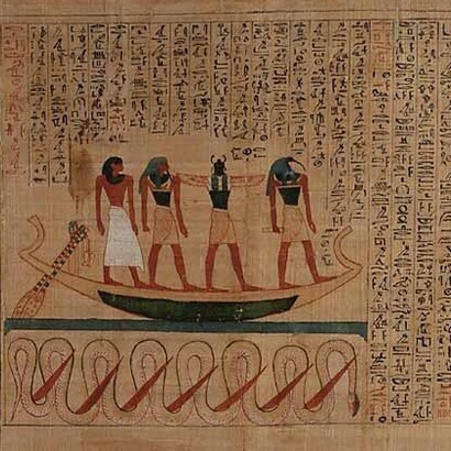 Illustrazione del Libro dei Morti di Imensaouef, n. 3292. Inno a Ra (cap. 129). Il serpente Apofis viene sconfitto sotto la barca di Ra-Khepri. Louvre, Parigi, Francia