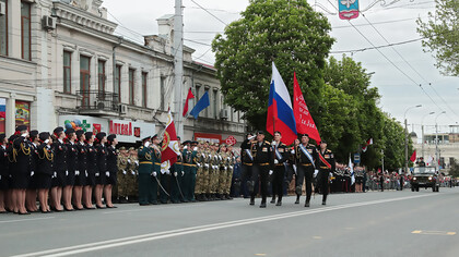 Victory Day celebrations in Simferopol, occupied Crimea, 2019, where pro-Russian displays and military symbolism reinforced Moscow’s control over the annexed peninsula