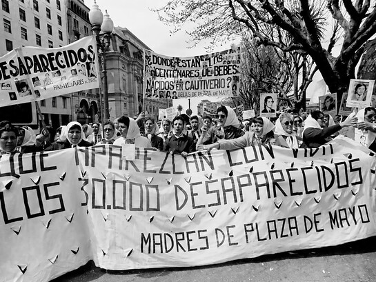 Demonstration in Plaza de Mayo, Buenos Aires, Argentina, on December 9 and 10, 1982, demanding the safe return of the disappeared detainees, the restitution of children to their legitimate families, and freedom for political prisoners
