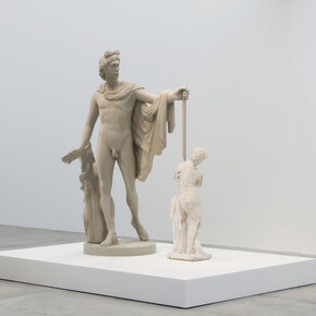 Francesco Vezzoli, Metamorfosi (Self-portrait as Apollo killing the satyr Marsyas),
2015,
2 parts,
Roman Imperial marble figure of a satyr playing the pipe, self-portrait polyurethane sculpture,
Satyr: 112,1 cm / Apollo: 220 cm
