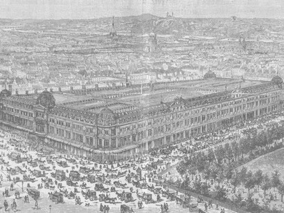 Vista general de Le Bon Marché, París, Francia, litografía de 1892