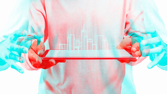 An architect using a transparent tablet to interact with smart construction technology, depicted with a double-color exposure effect, showcasing concepts such as digital twins in architecture